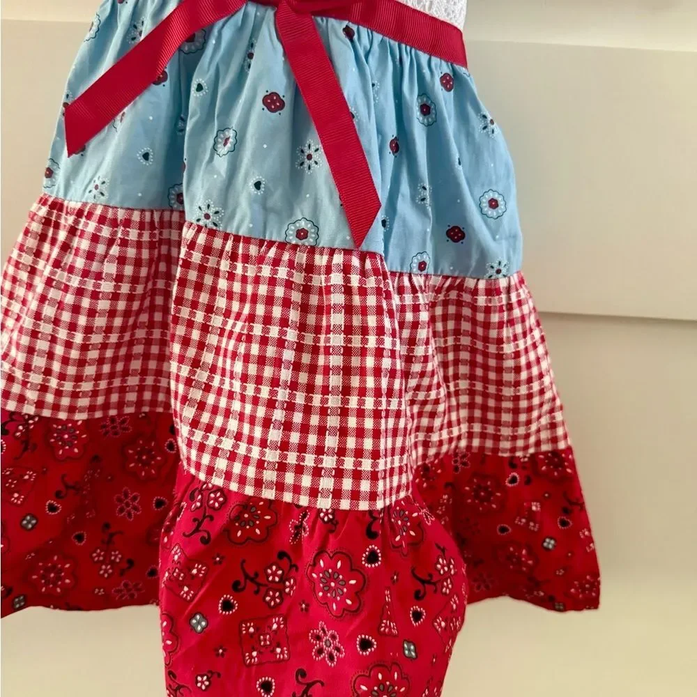 Bluberi Boulevard Girls Farmhouse Cute Dress Patchwork Red, White, and Blue 2T